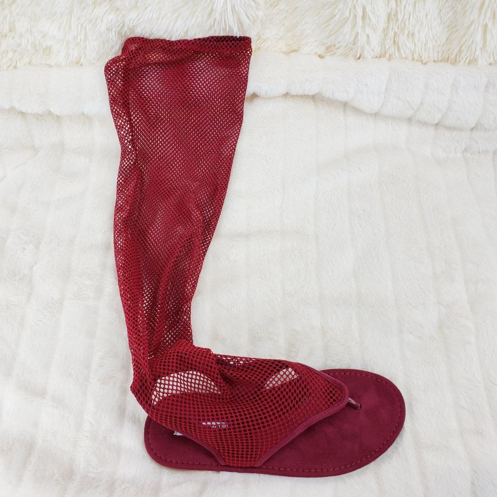 Wine Fish Net Thigh High Thong Flat Sandal Boots_5